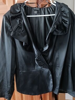 Ashley Stewart Black Satin Ruffle Collar Blazer